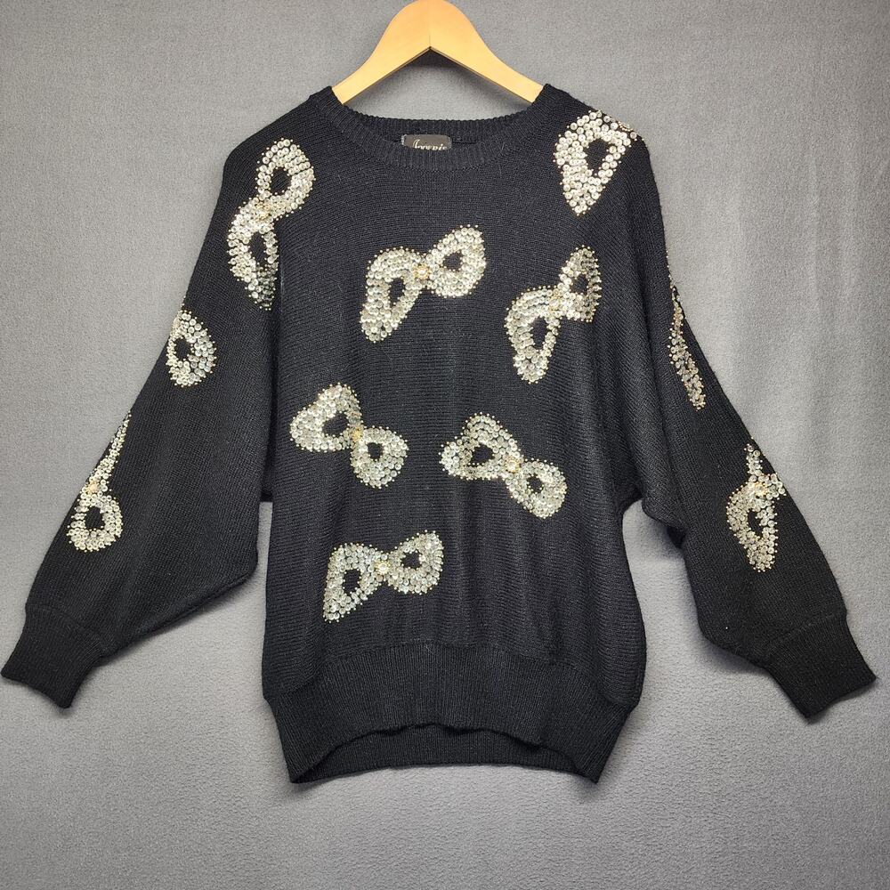 Vintage Angenie Sweater Womens XL Black Rhinestone Sequins Bows 80s Hong Kong